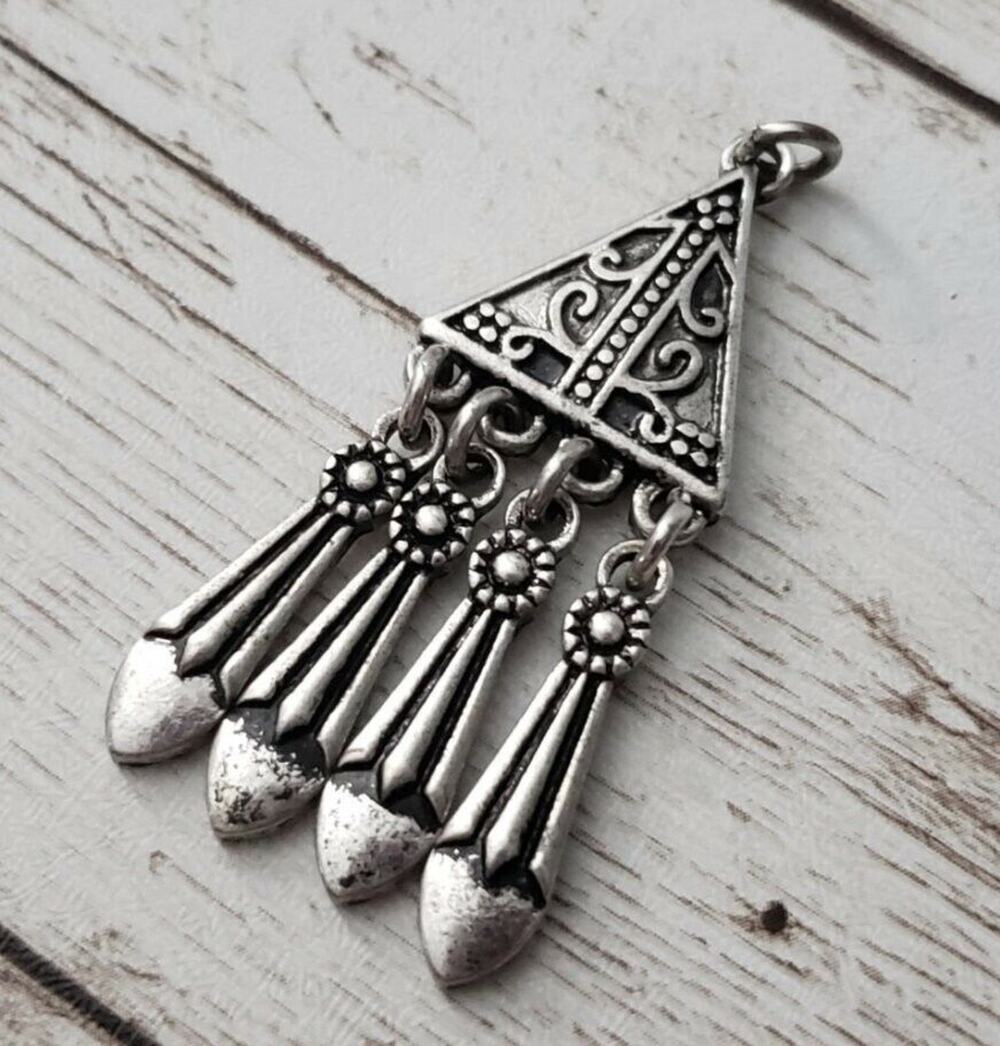 Vintage Pendant Ornate Silver Tone Triangle with Dangles